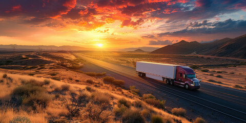 Scenic mountain sunset drive with semi truck on rural road against dramatic sky background