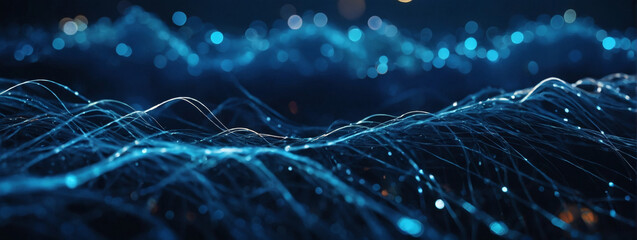Blue digital waves symbolizing neural connections, with indigo bokeh lights. - obrazy, fototapety, plakaty