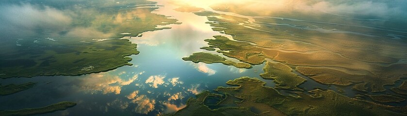 Experience tranquility and fantasy in an ethereal aerial view of the Tundra at sunrise a peaceful awakening