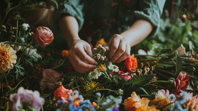Floral design workshop hands arranging flowers creative bloom workshop table artist touch