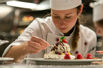 Professional female chef concentrating on garnish a dessert dish - obrazy, fototapety, plakaty