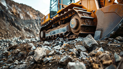 A bulldozer in action shifting rocks to form a pile at a construction site laying groundwork for new development