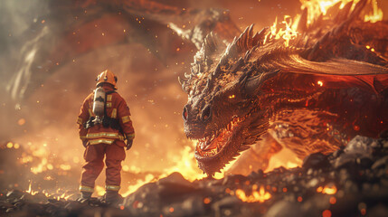 Dream firefighter battling a dragon 3D render cinematic.