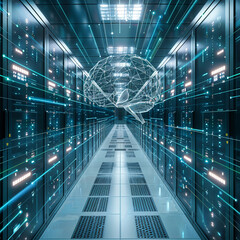 Obraz premium AI mind navigates the complex web of cyber security and network management visualized in a cutting-edge data center scene
