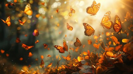 Butterflies with wings made of autumn leaves fluttering in a sunlit forest