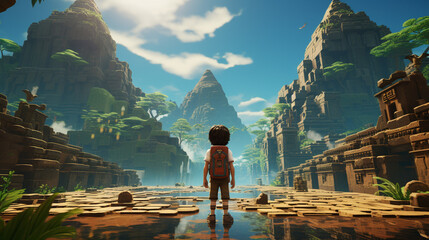 Kid archaeologist exploring floating ruins 3D render. Kid imagination and creative concept. - obrazy, fototapety, plakaty