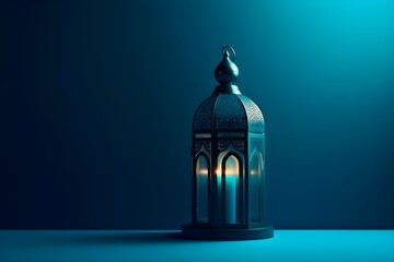 Arabic lantern with burning candles with copyspace on blue background. Ramadan Kareem greeting card