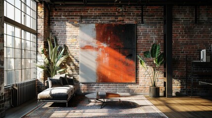 Artistic studio loft mockup featuring a massive abstract canvas on a brick wall