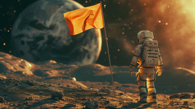 Young astronaut with a flag on the moon. Kid imagination and creative concept.