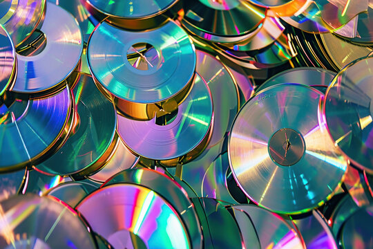 Colorful stack of various CDs arranged in a pile against a white background