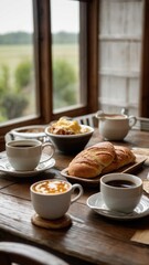 Fototapeta na wymiar Cozy Breakfast with Coffee and Croissants
