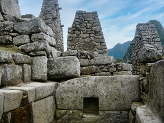 Details of stone houses in the famous archaeological site of Machu Picchu in Peru the 15th century...