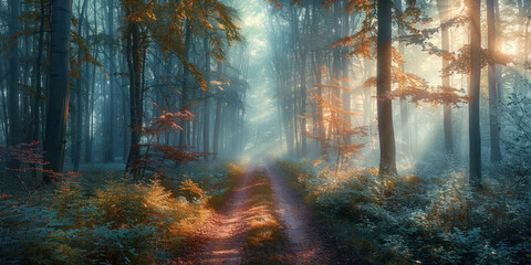 Scenic Forest Path with Trees and Sunlight Filtering Through the Leaves, Nature Trail in Woodland Wilderness