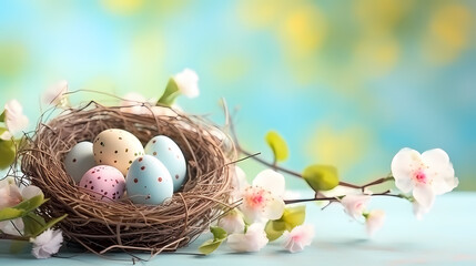 Easter themed banner with pastel colored eggs among spring plants