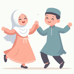 Islamic cartoon Muslim children smiling happily celebrating the month of Ramadan