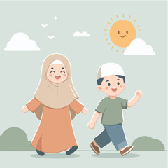 Islamic cartoon illustration of happy Muslim children walking in the hot sun in the month of fasting