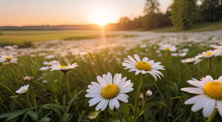daisies at sunset, with a mix of bright yellow and white flowers. The sun is setting in the...