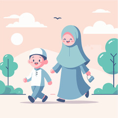 Islamic cartoon illustration of a Muslim mother and son walking on a sunny day