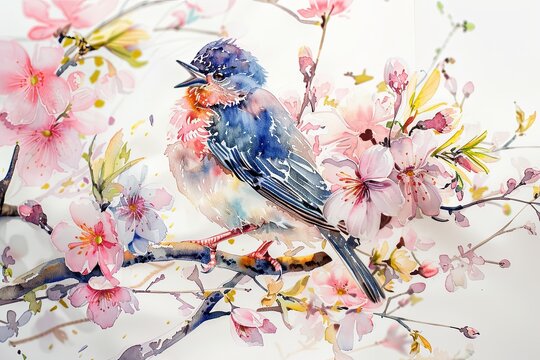 Watercolor of Bird Among Spring Blossoms A delicate watercolor painting captures a vibrant bird perched among branches laden with the soft pastels of spring blossoms, exuding the freshness of the sea
