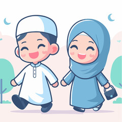 Islamic cartoon cute Muslim kids going to the mosque