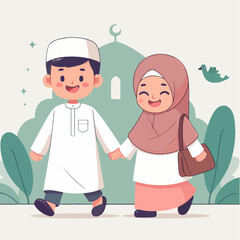 flat design illustration of Muslim children going to the mosque