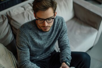 Multitasking. Handsome young man wearing glasses and working with touchpad while sitting on the couch  - obrazy, fototapety, plakaty