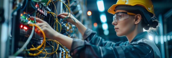 female electrician and engineer work on an electrical circuit with many cables for communication and data transfer - 754955723