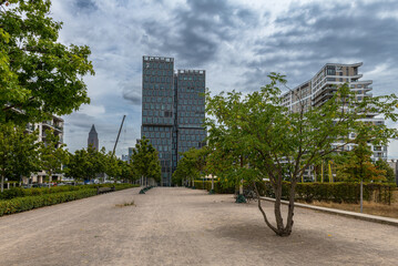 Park and modern buildings on Europaallee in the new Europaviertel district