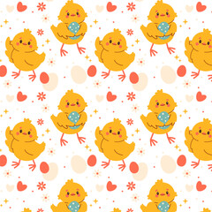 Fototapeta premium Seamless easter pattern with chicken and eggs. Easter seamless pattern, Easter symbol, decorative vector elements. Easter colored simple pattern.