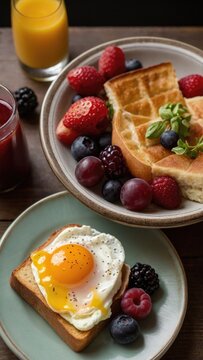 Gourmet Breakfast Spread with Fresh Fruits, Waffles, and Eggs