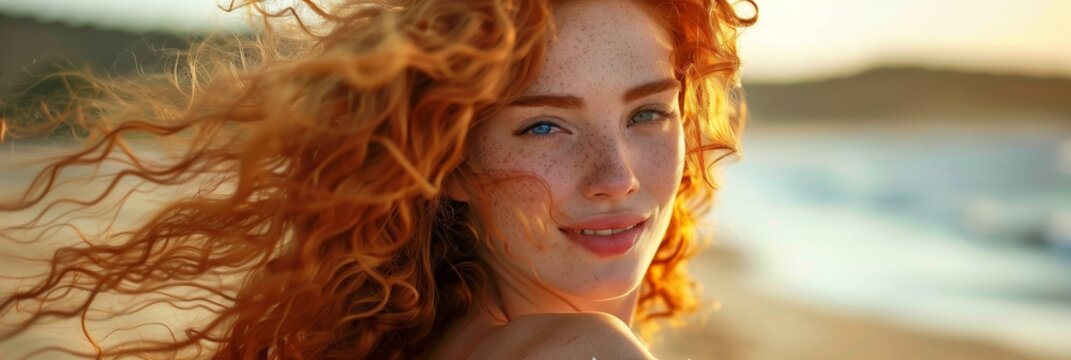 young pretty woman with long curly red hairs is dancing with the waves of ocean