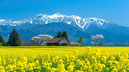 In the spring, there are rapeseed flowers in front of it and snowcapped mountains behind it. Green trees grow on both sides of the field.