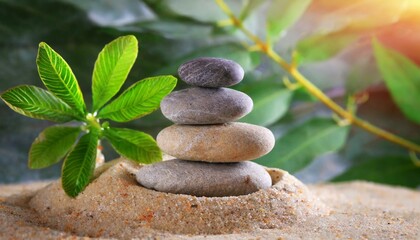 Stacked zen stones sand background art of balance concept