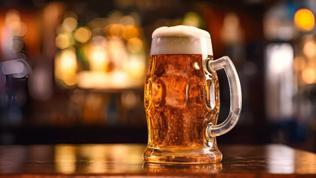 Beer in large glass in local bar on Oktoberfest ,Copy space
