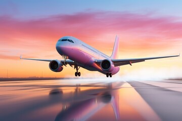 Fototapeta na wymiar Commercial Airplane Taking Off at Sunset with Vibrant Sky