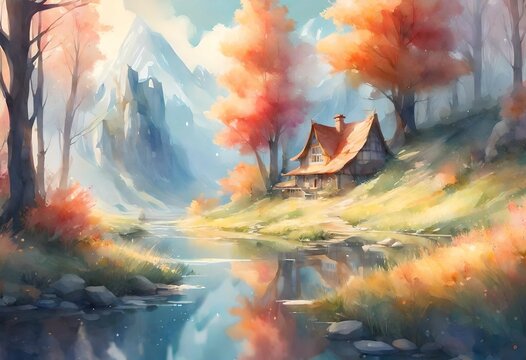 house near the river and mountain