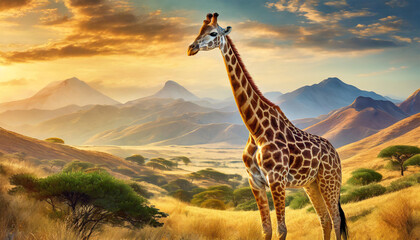 Wide shot of a giraffe in the wild