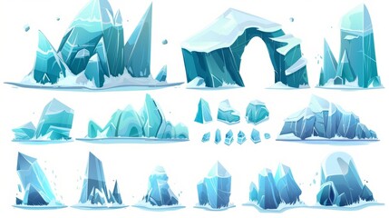 Floating iceberg piece and arch. Illustration of blue ice and snow glacier mountain cubes. Polar ice crystal water block.