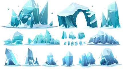 Abwaschbare Fototapete Berge Floating iceberg piece and arch. Illustration of blue ice and snow glacier mountain cubes. Polar ice crystal water block.