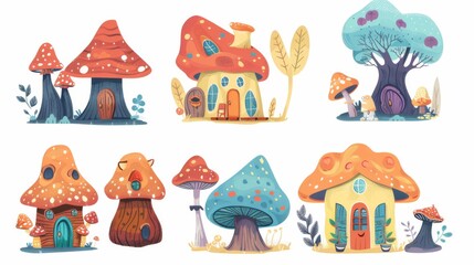 Cartoon modern illustration set of magic fairy gnome home. Cute funny imaginary forest habitat cottage in mushrooms and tree stumps.