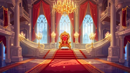There is a golden throne on a pedestal, a red carpet and wall curtains decorating the room, flags hanging from the ceiling, large windows and candles in holders.