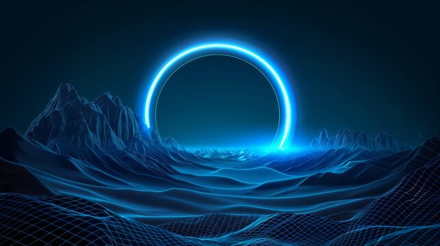 Neo tech background with neon circle on wireframe landscape. Modern illustration of y2k style banner, retro wave black and blue gradient grid mountains, synthwave light frame design.