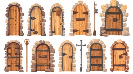 Modern illustration of historical building design elements, stone porch, arch doorway with locked gate, iron doorknob, old architecture, medieval wooden doors isolated on white background. - obrazy, fototapety, plakaty