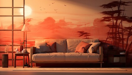 A bedroom with a couch and a lamp, in the style of japanese-style landscapes