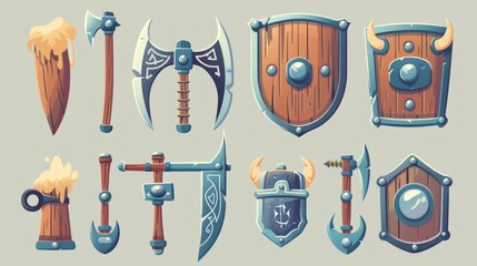 Illustration set of Viking shield and axe game assets, helmet with horns, beer horn, wooden and iron shields and axes. Fantasy ancient celtic fighter props.