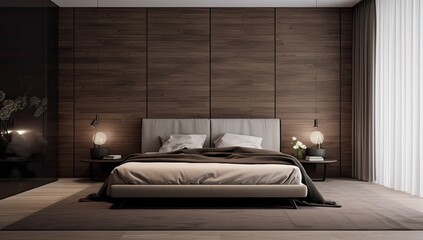 A bedroom with wood panels in dark brown and black wallpapers