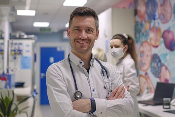 Smiling doctor posing with arms crossed in the office, he is wearing a stethoscope,