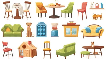 Gartenposter A set of pet-friendly cafe design elements isolated on a white background. The design elements include a coffee shop interior, an animal house, a table and chair, and a couch with colored cushions. © Mark