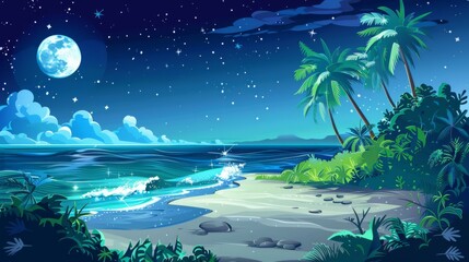 Fototapeta na wymiar Summer island landscape with palm trees, lianas, green grass, ocean waves washing the coast, blue sky with moon and stars on a sandy night beach. Modern illustration of seaside landscape.