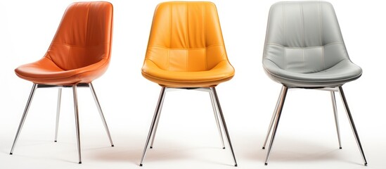 A group of four modern chairs with metal legs positioned in a row next to each other against a white background. The chairs are sleek and simple in design, creating a minimalist aesthetic.